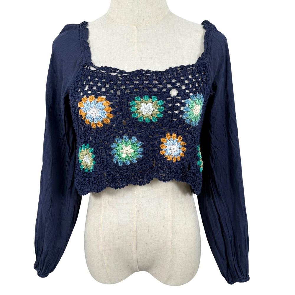 Aerie Crochet Vacay Granny Square Crop Top S Navy Blue Long Puff Sleeve Boho GUC
